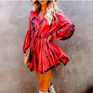 Summer V Neck Long Balloon Sleeve Ruffle Casual Loose Short Dress Pink/Red